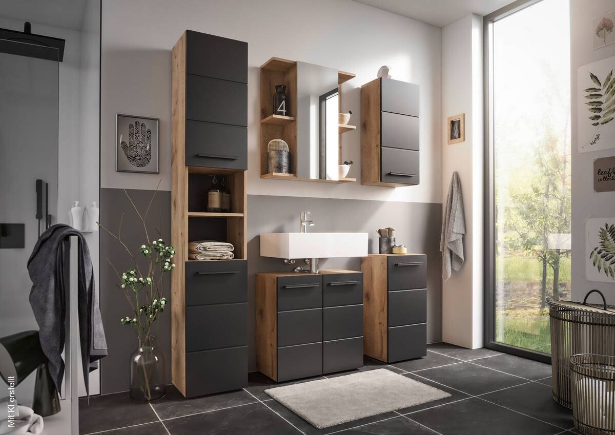 Waschbeckenunterschrank Vista Oak Eiche Viking Nachbildung schwarz matt B/H/T: ca. 60x62x31 cm