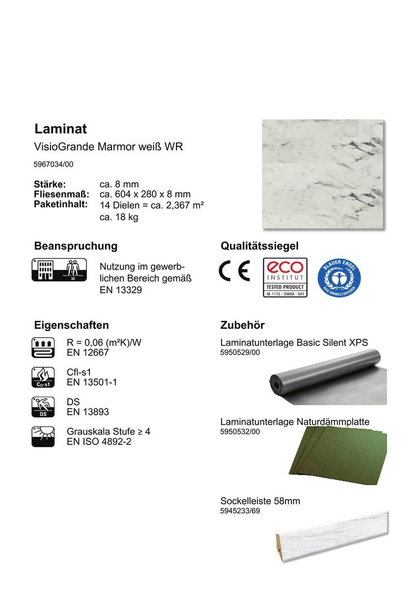 Visiogrande Laminatboden Marmor weiß ca. 2,367 m² im Paket B/L: ca. 28x60,4 cm pro Paket