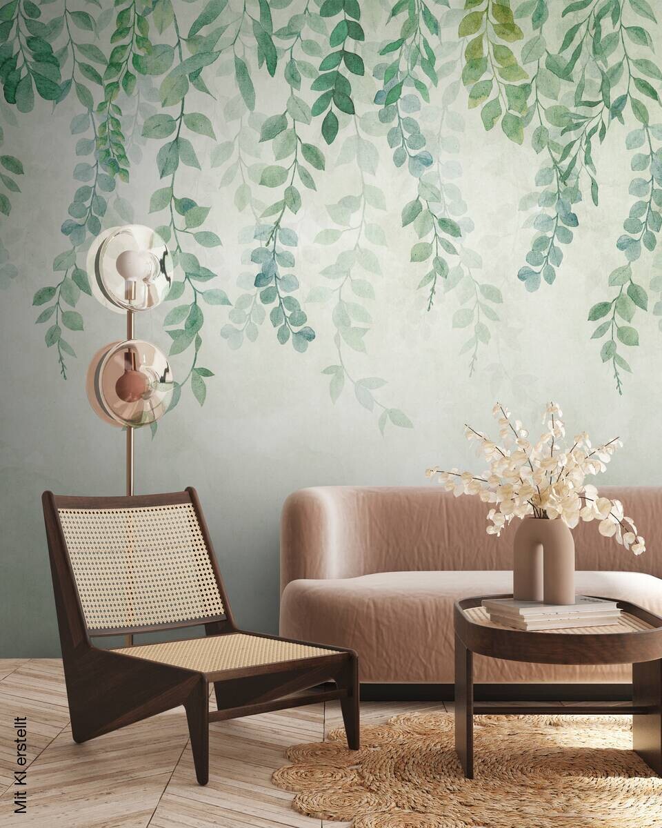 Livingwalls Fototapete Blätter creme blau grün B/L: ca. 280x371 cm