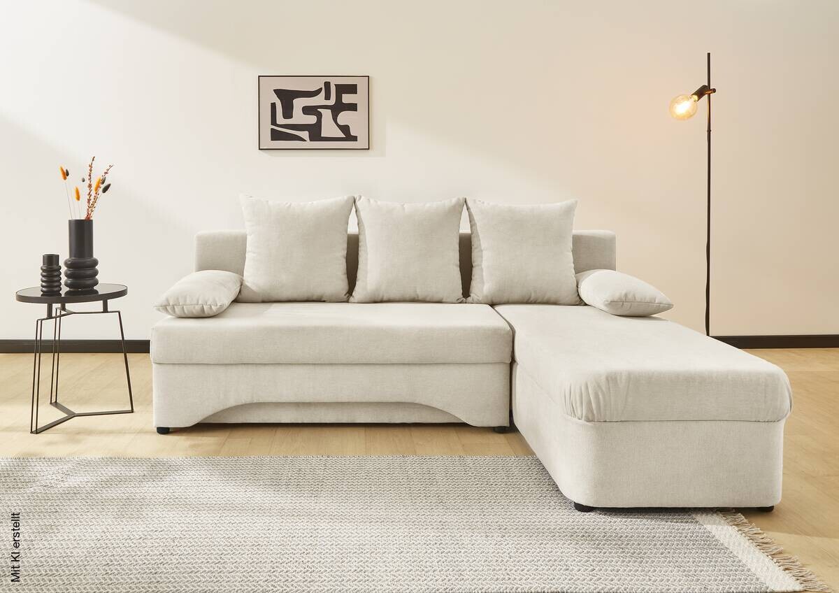 Ecksofa mit Bettfunktion und Bettkasten creme Microfaser B/H/T: ca. 191x70x142 cm