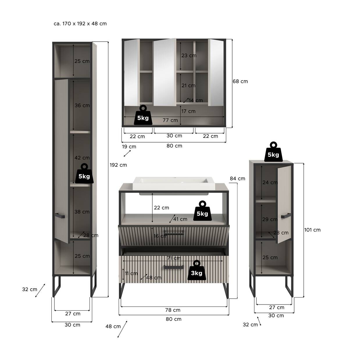Badezimmer-Set BAGNO schwarz Kaschmirgrau Nachbildung B/H/T: ca. 170x192x48 cm
