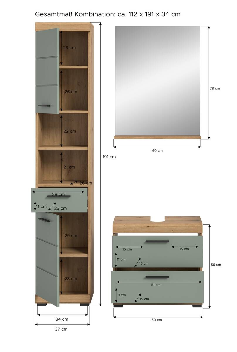 Badezimmer-Set Scout Eiche Artisan Nachbildung salbei Nachbildung B/H/T: ca. 112x191x37 cm