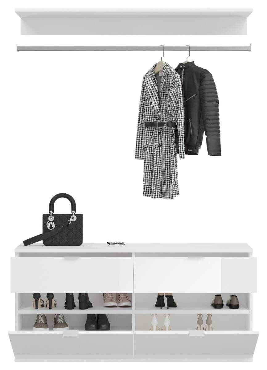 Garderobe PROJEKT Eiche Artisan Nachbildung weiß Hochglanz Spiegel B/H/T: ca. 243x193x34 cm