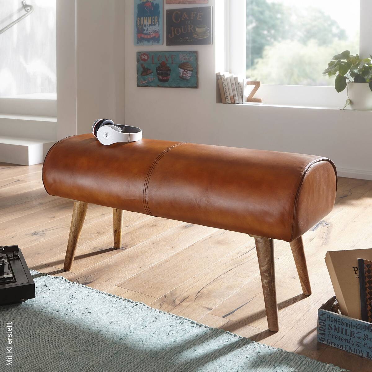 Wohnling Sitzbank natur braun Echtholz Leder
