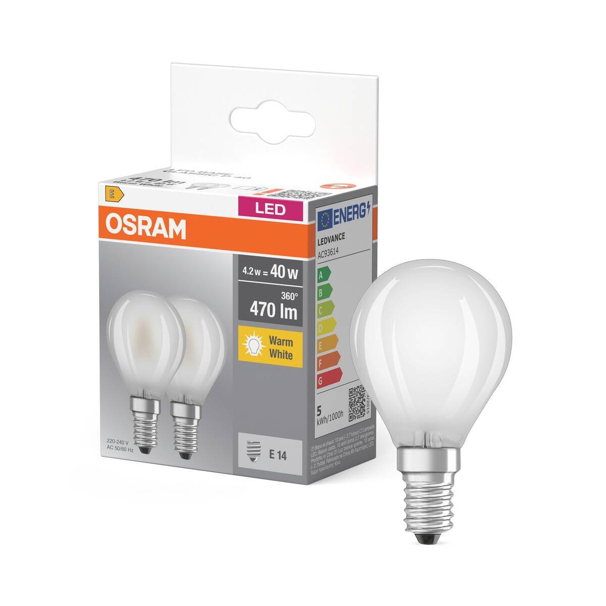 OSRAM LED-Leuchtmittel BASE Classic P AC32457 2er Pack E14