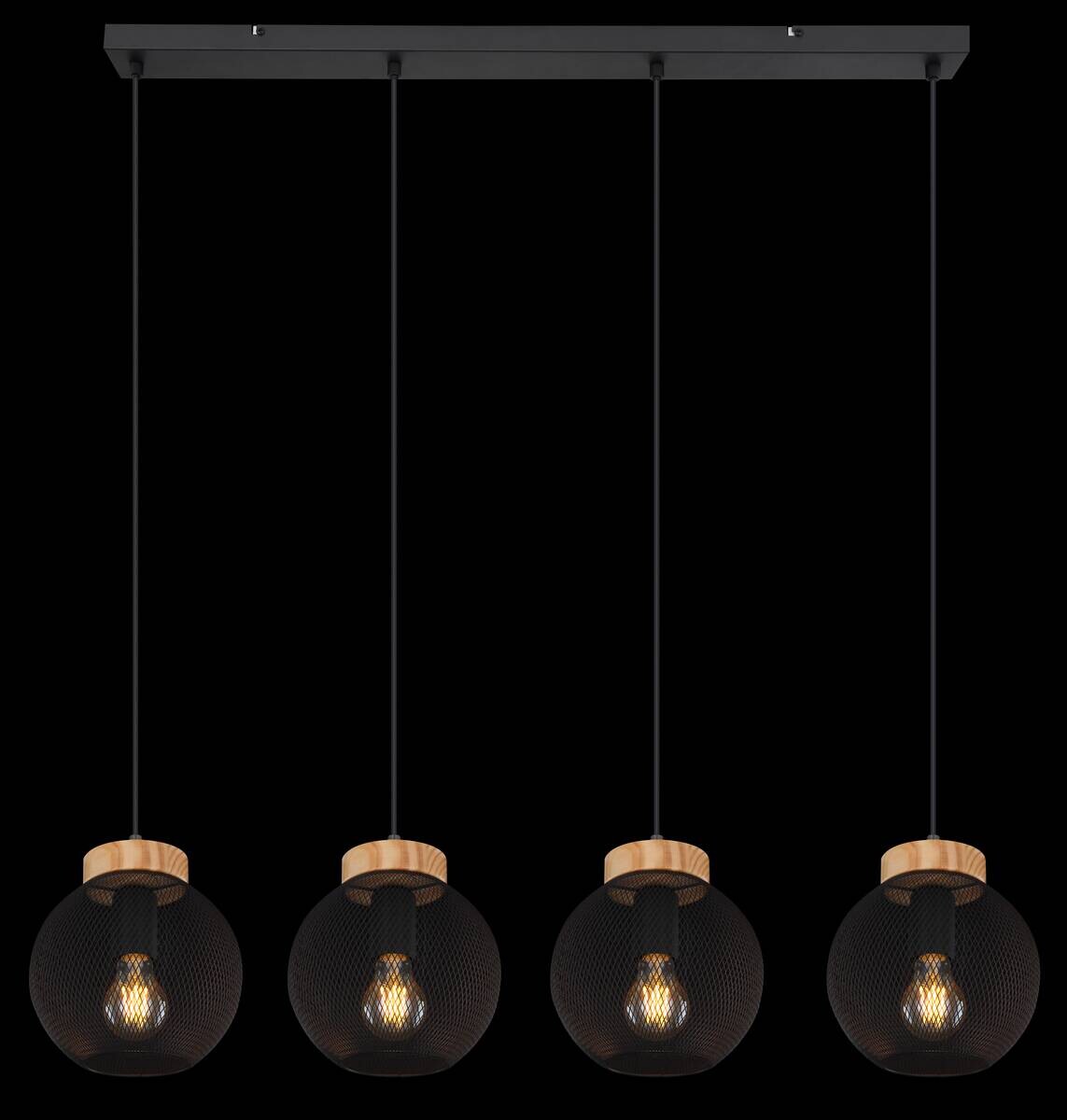 GLOBO Pendelleuchte Pablo mattschwarz natur Metall Holz B/H/T: ca. 95x120x20 cm E27 4 Brennstellen