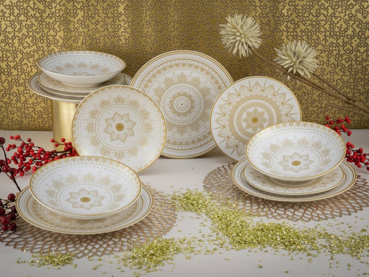 CreaTable Tafelservice MANDALA GOLD weiß Steinzeug 12 tlg.
