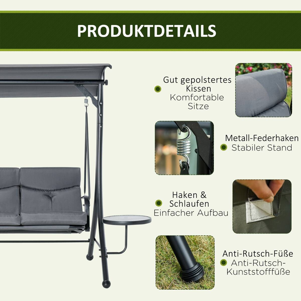 Outsunny Hollywoodschaukel grau Polyester B/H/L: ca. 125x177x271 cm