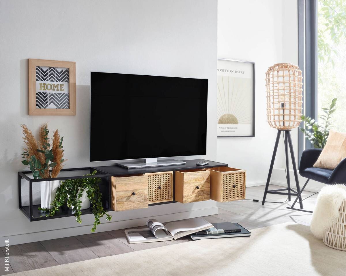 TV-Bank schwarz pulverbeschichtet natur Eisen Echtholz B/H/T: ca. 150x25x35 cm