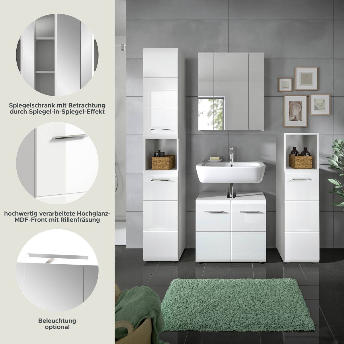 Badezimmer-Set Ice weiß weiß Hochglanz B/H/T: ca. 150x185x30 cm