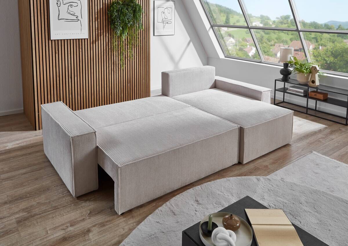 Ecksofa mit Bettfunktion und Bettkasten natur Microfaser B/H/T: ca. 266x150x83 cm