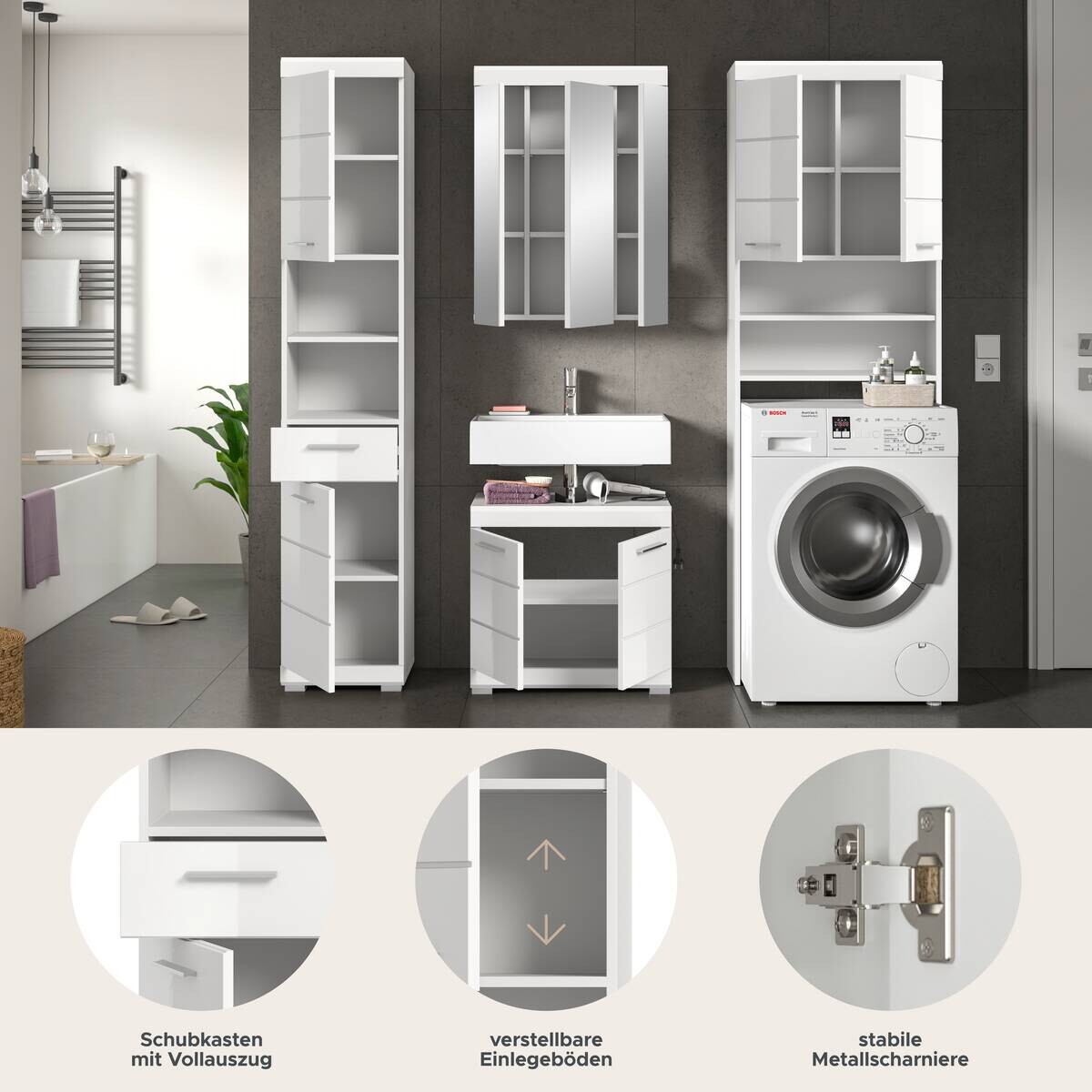 Badezimmer-Set Scout weiß weiß Hochglanz B/H/T: ca. 190x191x34 cm