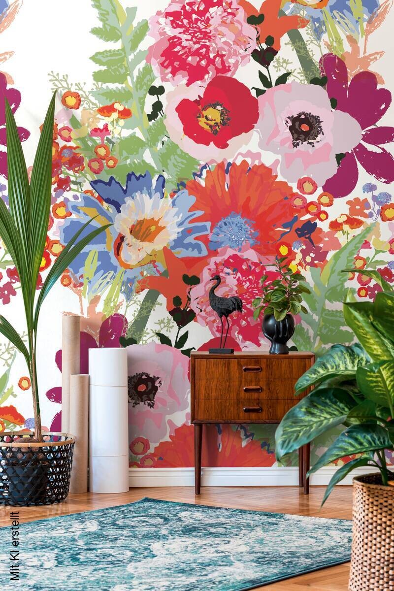 Livingwalls Fototapete Floral rot bunt weiß B/L: ca. 280x159 cm