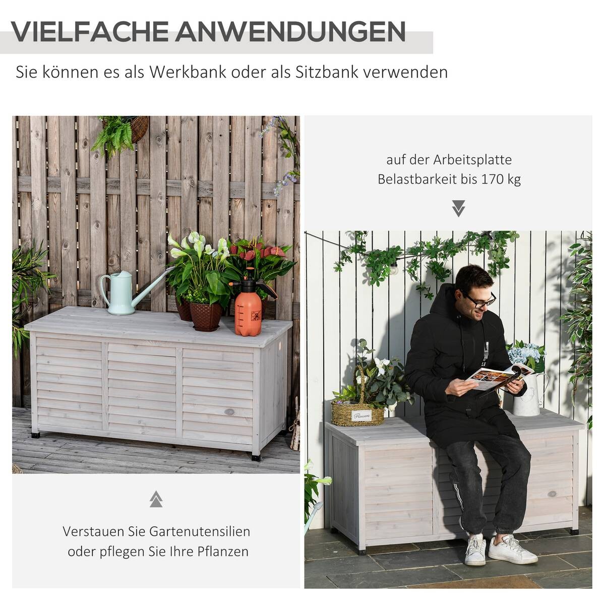 Outsunny Gartentruhe mit Stauraum grau Holz B/H/L: ca. 56x60x127 cm