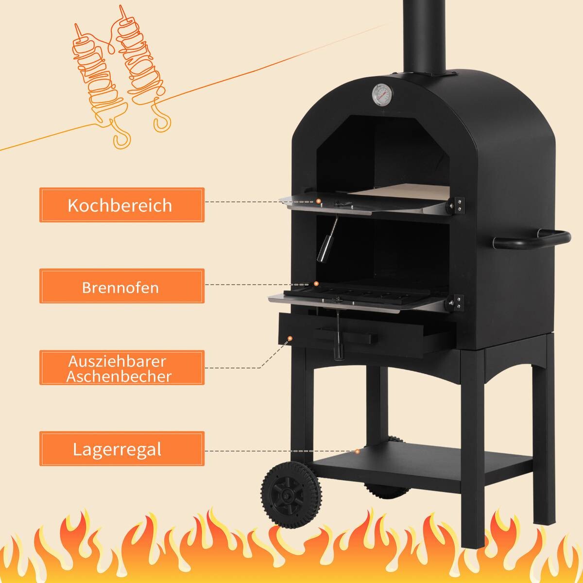 Outsunny Pizzaofen mit Schornstein schwarz Stahl B/H/L: ca. 54x161x63 cm