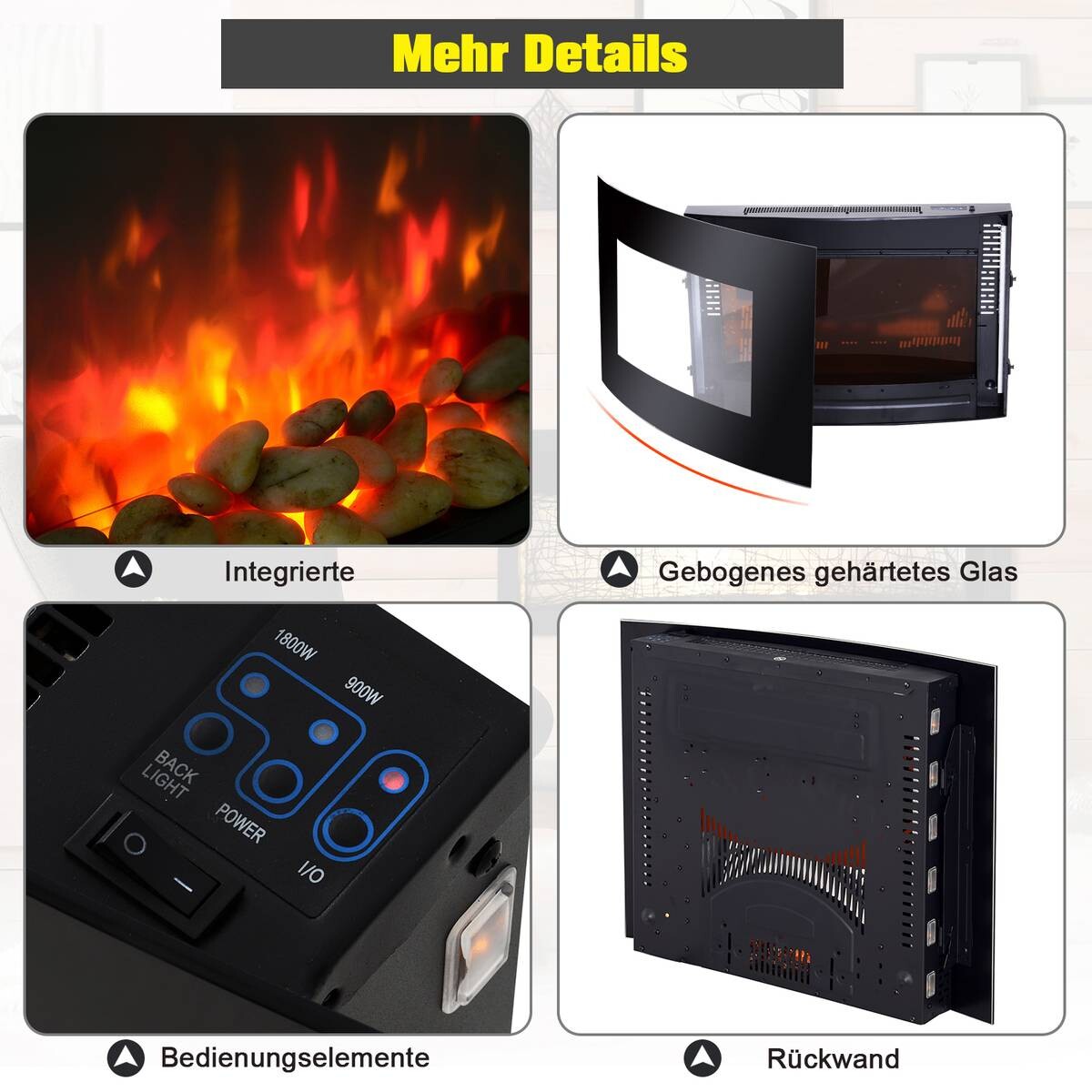 HOMCOM Elektrischer-Kamin 820-053 schwarz Metall Glas B/H/T: ca. 65x52x11,5 cm ca. 1800 W