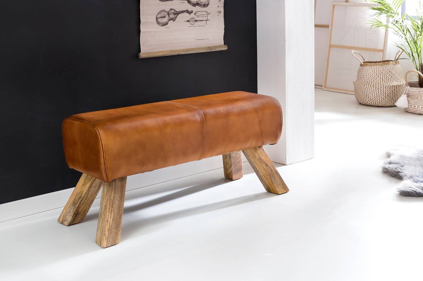 Wohnling Sitzbank braun natur Leder Echtholz B/H/T: ca. 90x43x30 cm