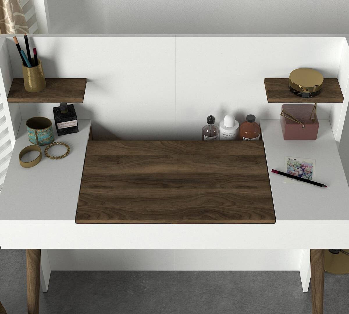 Schminktisch Retro weiß walnuss Nachbildung B/H/T: ca. 116x120x52 cm