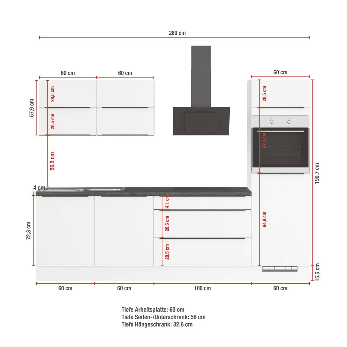 Küchenblock IKZ1280U5 weiß B/T: ca. 280x60 cm