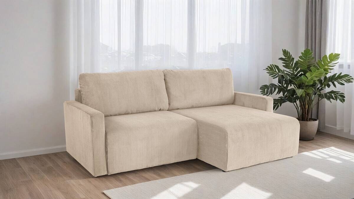 Ecksofa mit Bettfunktion und Bettkasten creme Microfaser B/H/T: ca. 227x92x146 cm