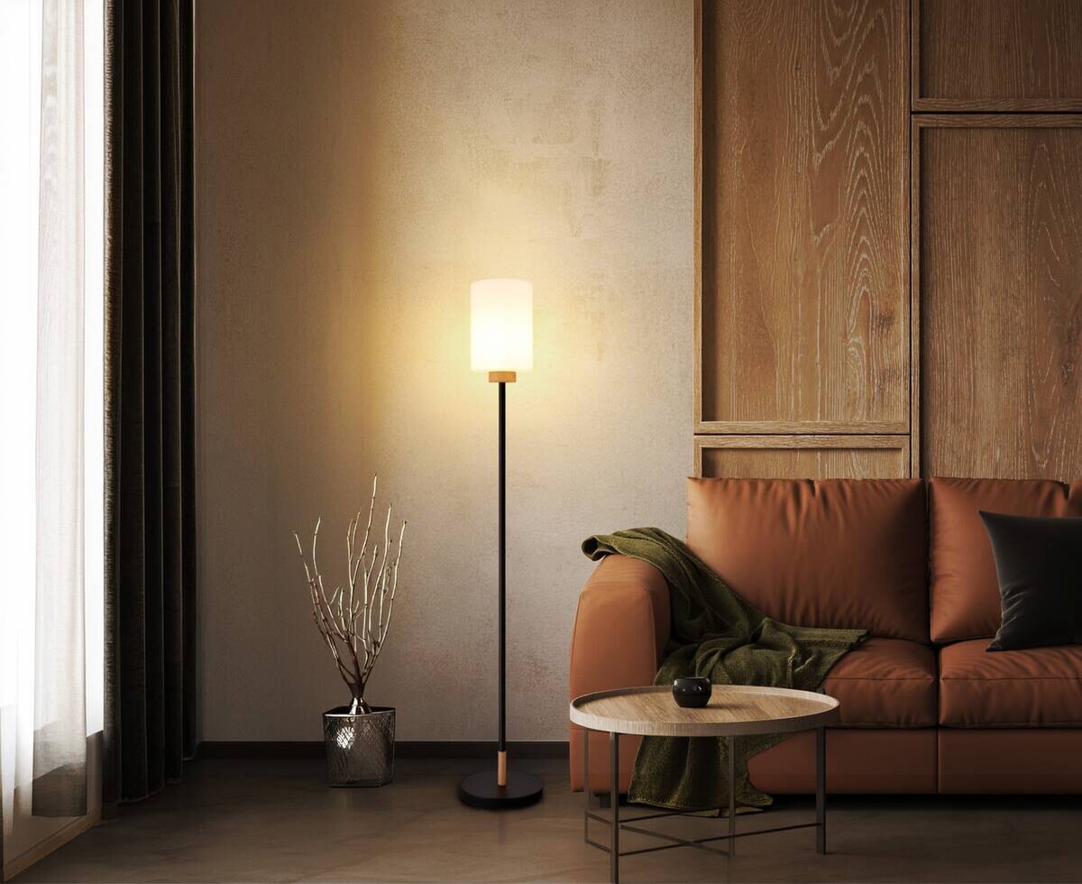 GLOBO Stehlampe Opal schwarz Metall Glas H/D: ca. 150x25 cm E27 1 Brennstellen