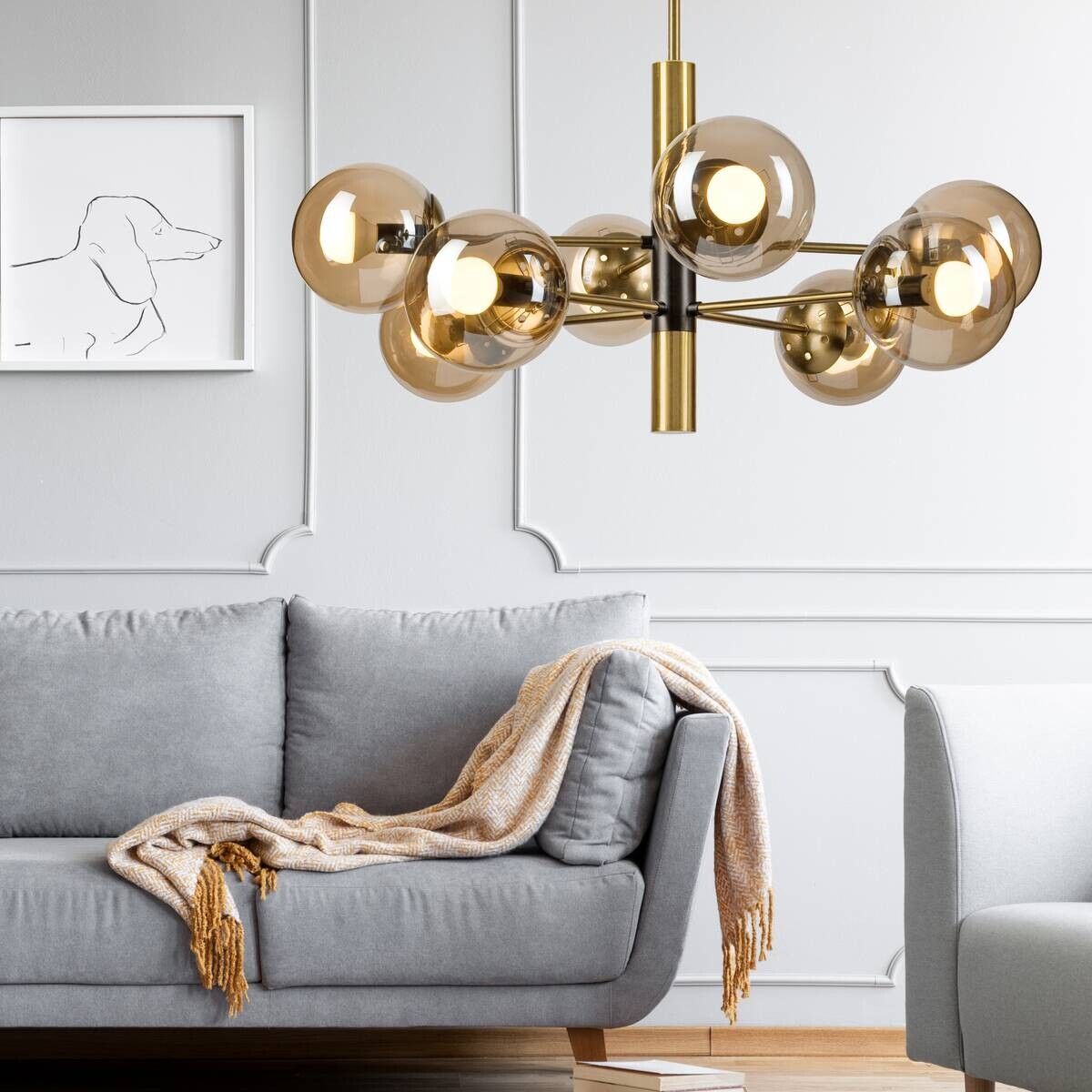 Lamkur Pendelleuchte gold schwarz Metall Glas H/D: ca. 76x68 cm E14 8 Brennstellen