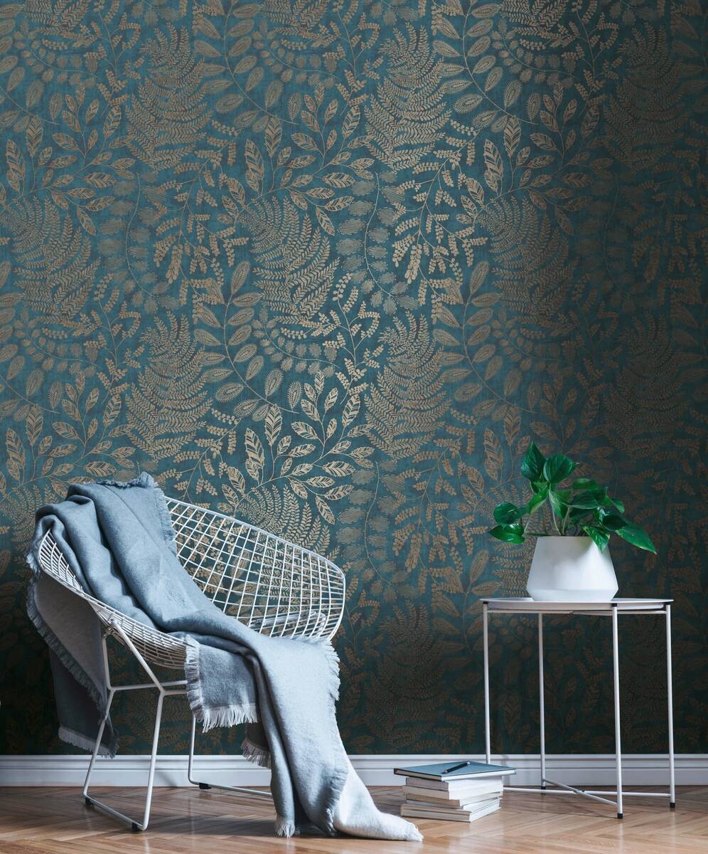 Vliestapete Blätter petrol gold B/L: ca. 53x1005 cm