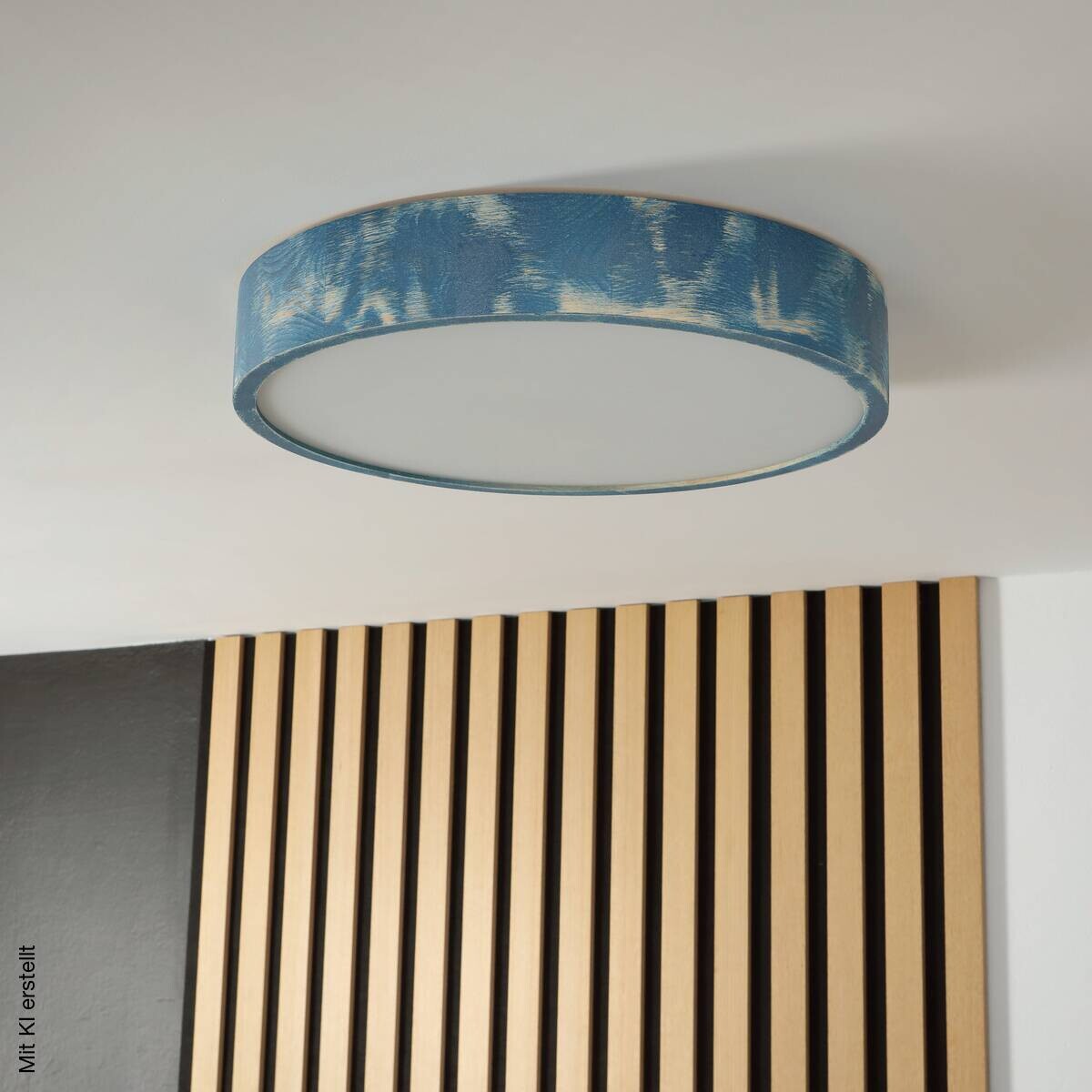 Lamkur Deckenleuchte hellbraun blau Holz Glas B/H/L: ca. 48x48x10 cm 3 Brennstellen