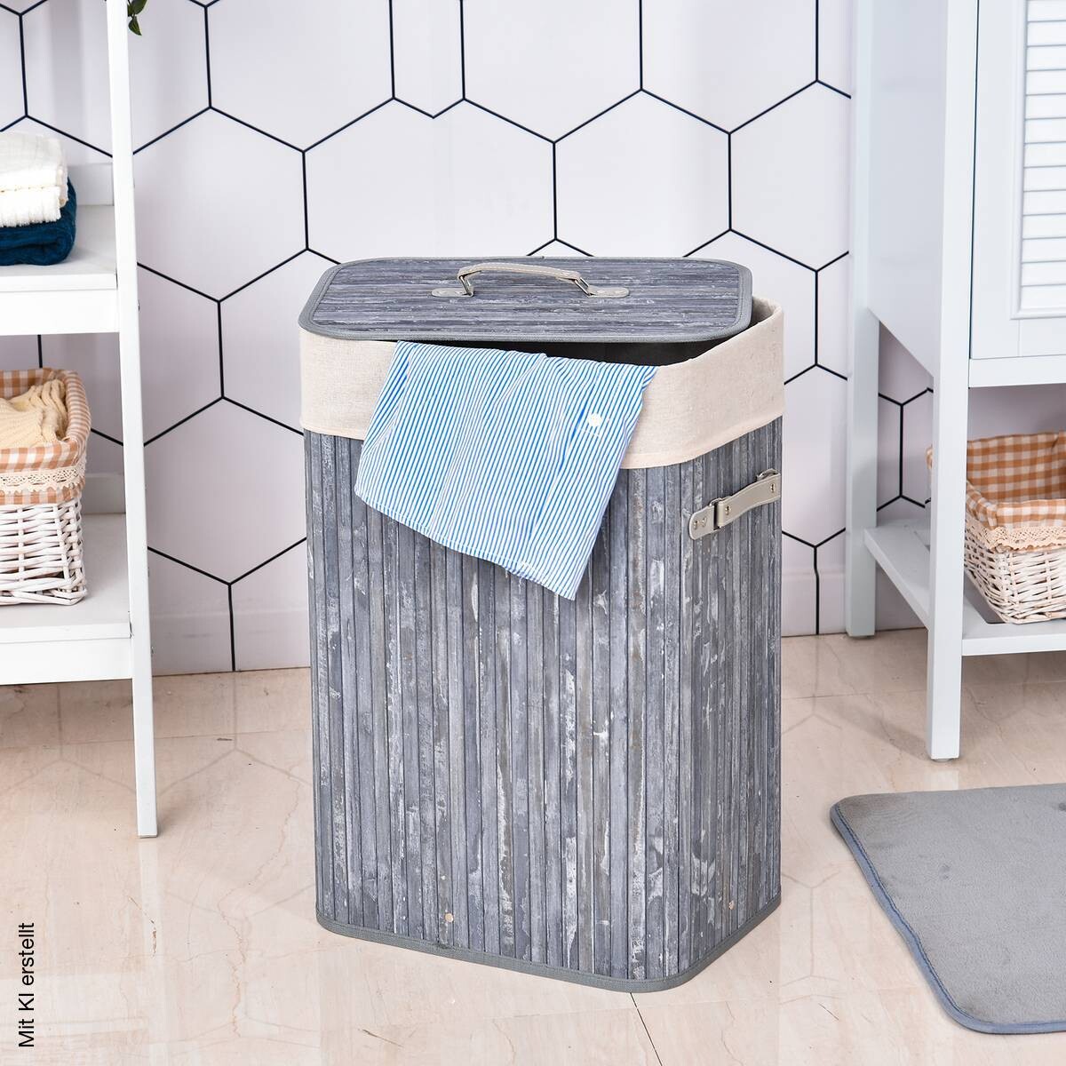 HOMCOM Wäschekorb mit 2 Tragegriffen grau Bambus Stoff Kunststoff B/H/L: ca. 30x60x40 cm