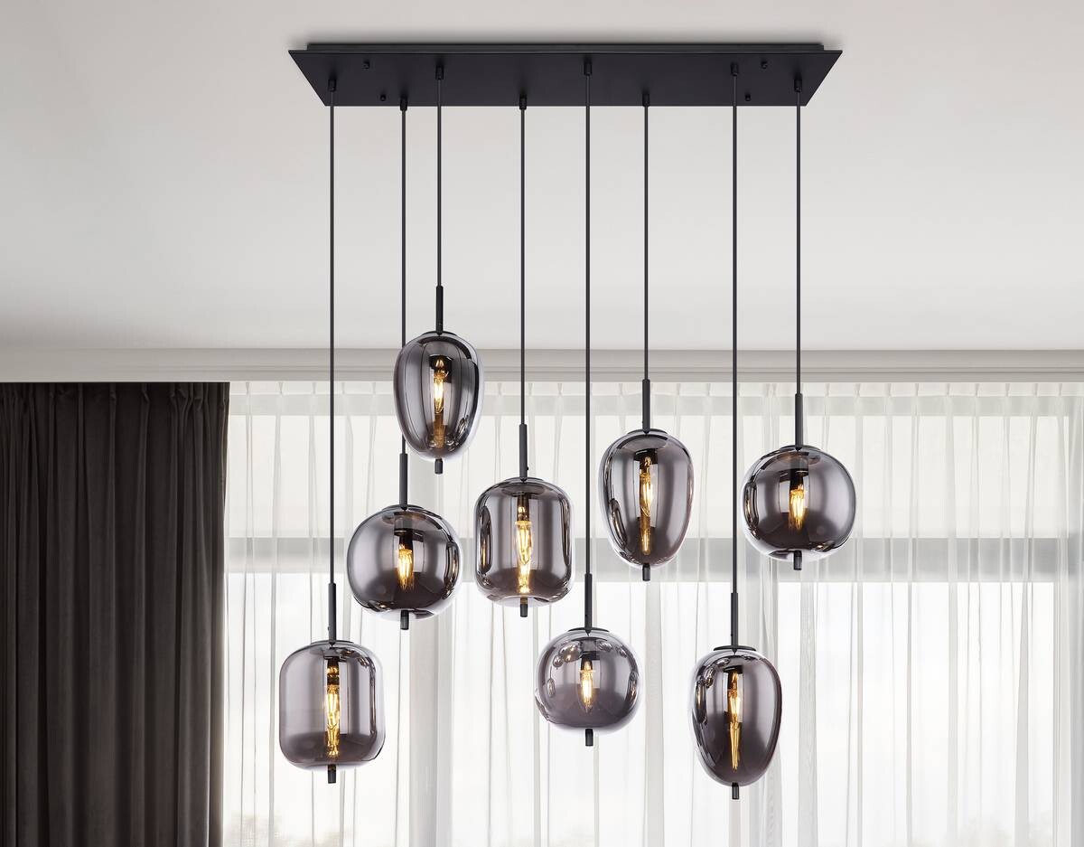 GLOBO Pendelleuchte Blacky 15345-8 schwarz Rauch Metall Glas B/H/T: ca. 94x120x34 cm E14 8 Brennstellen