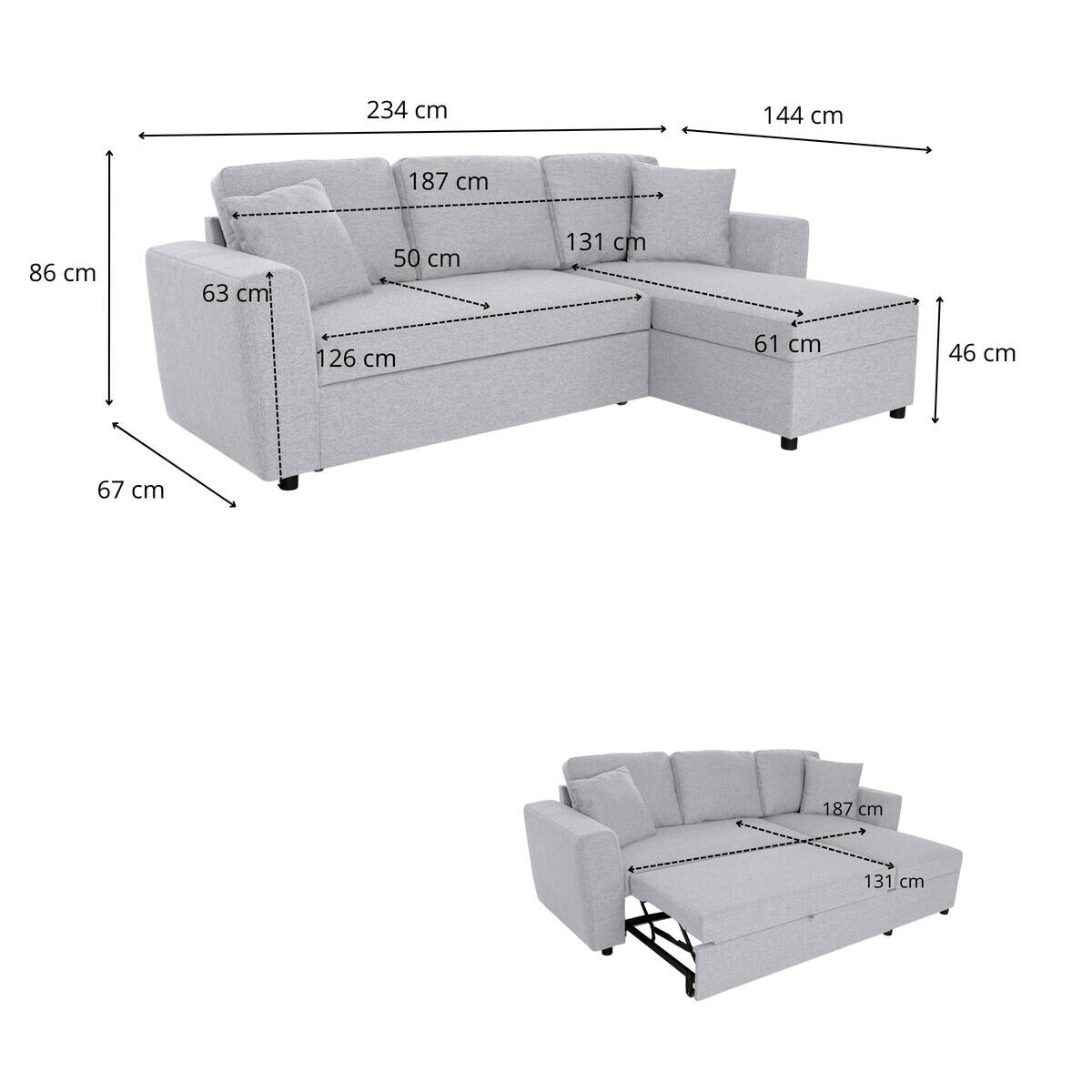 Ecksofa mit Bettfunktion und Bettkasten hellgrau Webstoff B/H/T: ca. 234x86x144 cm