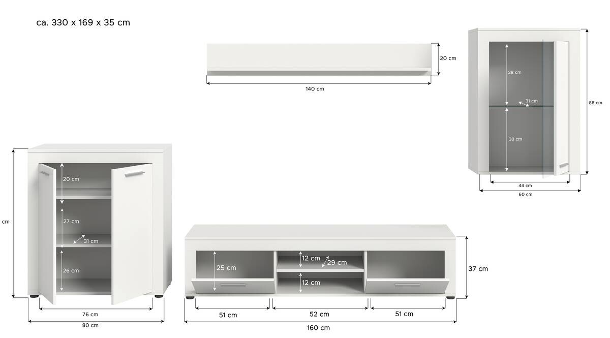 Wohnwand Jam weiß B/H/T: ca. 169x330x35 cm