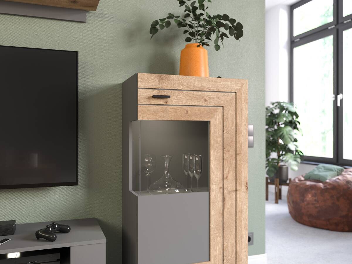 Wohnwand Freno grau matt Eiche Nox Oak Nachbildung B/H/T: ca. 290x194x40 cm
