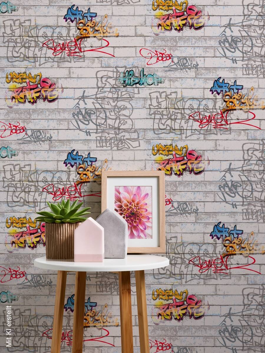 Papiertapete Graffiti Steinmauer weiß bunt B/L: ca. 53x1005 cm