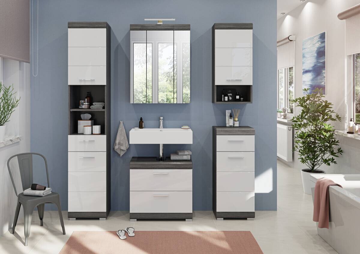 Badezimmer-Set Scout Rauchsilber Nachbildung weiß Hochglanz B/H/T: ca. 60x191x34 cm