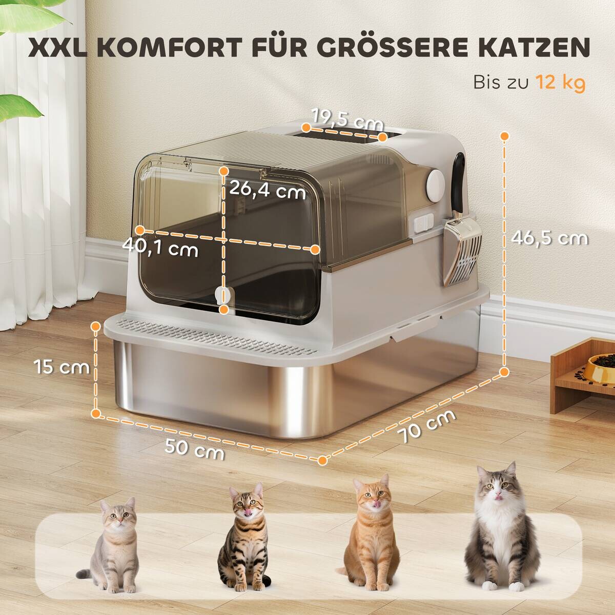 PawHut Katzenklo grau Edelstahl B/H/L: ca. 50x46,5x70 cm
