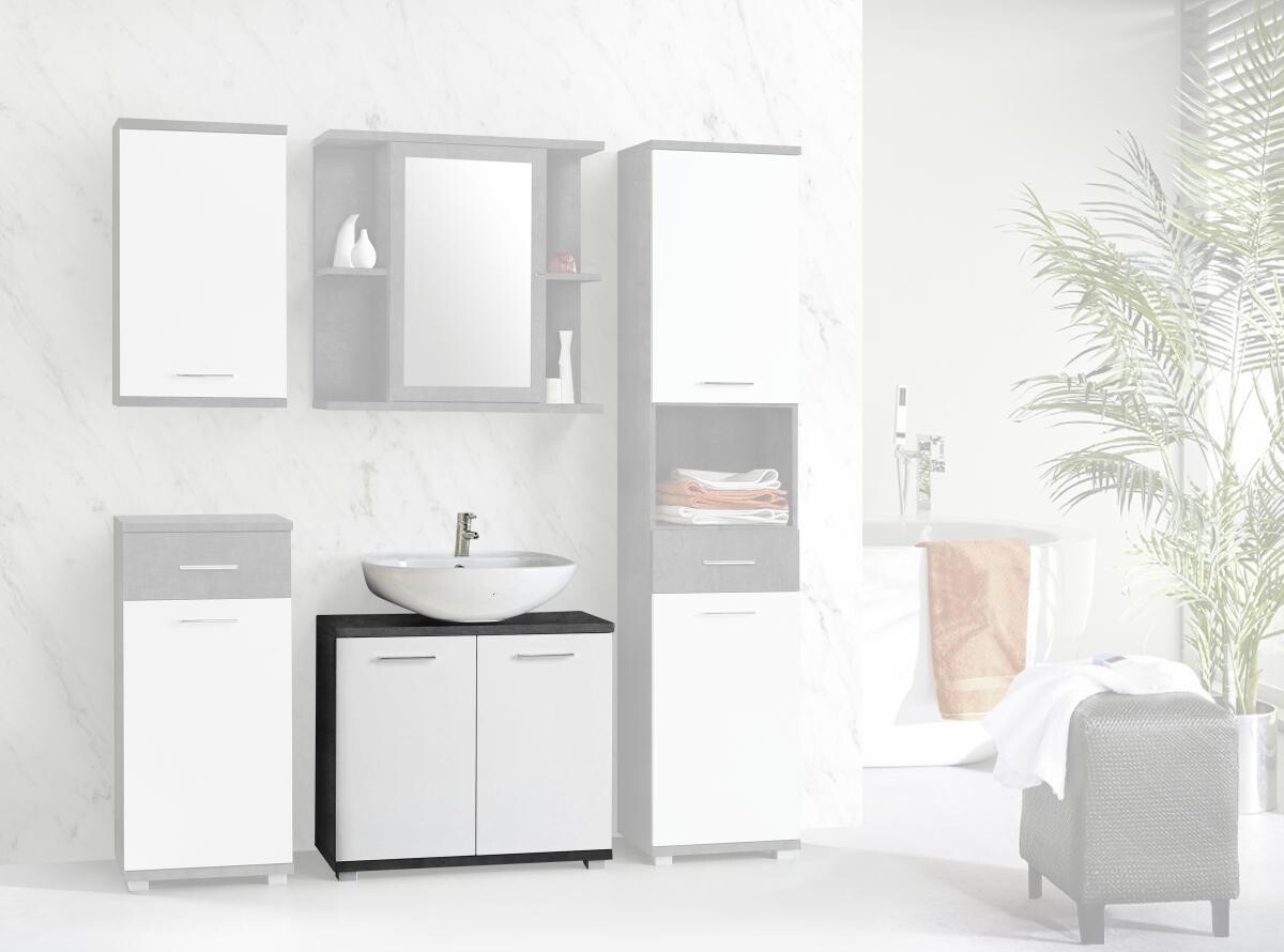 Waschbeckenunterschrank Beton dunkel Optik weiß Hochglanz B/H/T: ca. 69,9x62x28,9 cm