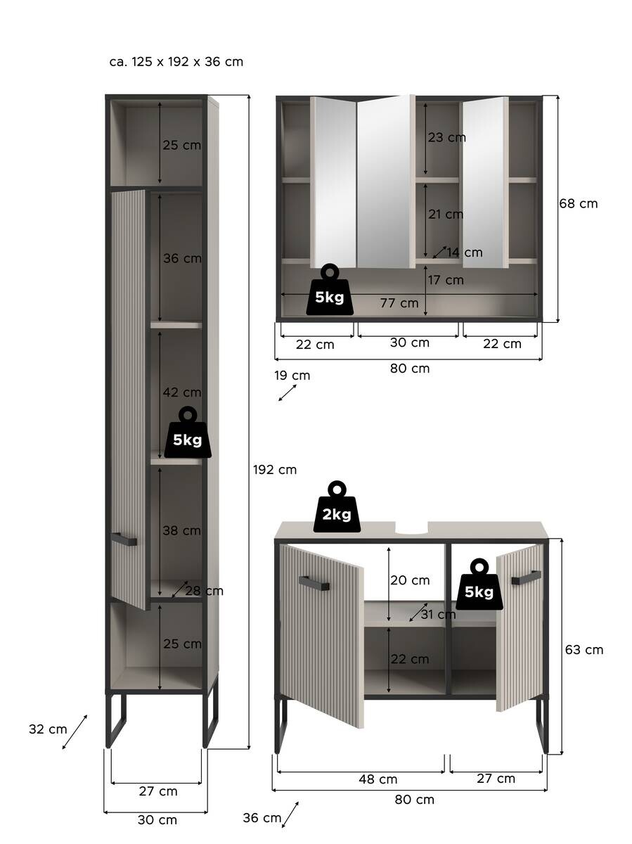 Badezimmer-Set BAGNO schwarz Kaschmirgrau Nachbildung B/H/T: ca. 125x192x36 cm