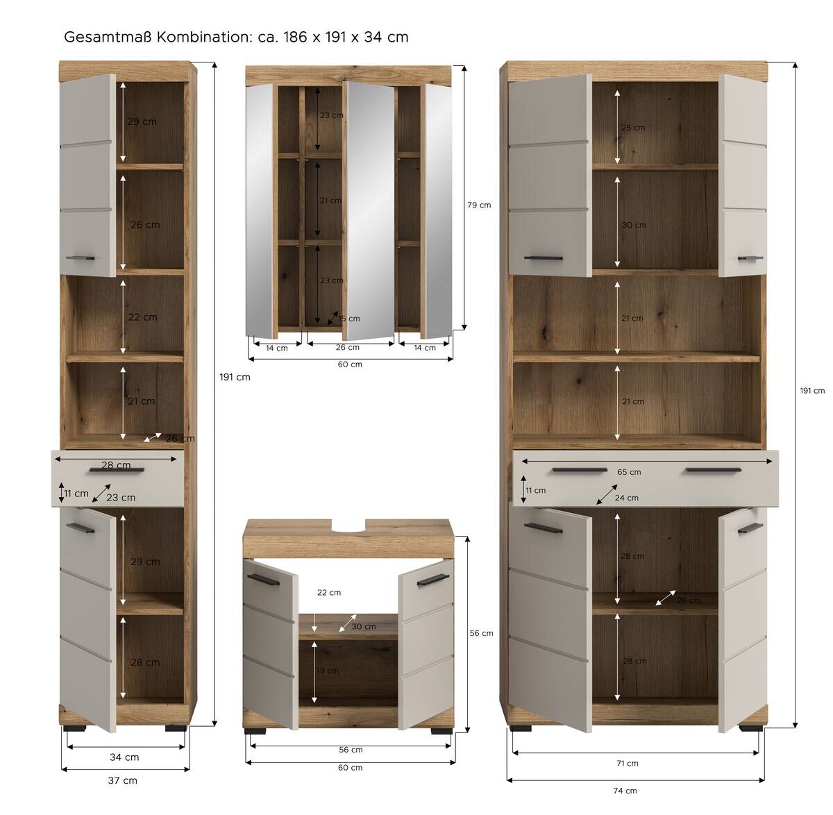 Badezimmer-Set Scout Evoke Oak Nachbildung Kaschmirgrau Nachbildung B/H/T: ca. 201x191x34 cm