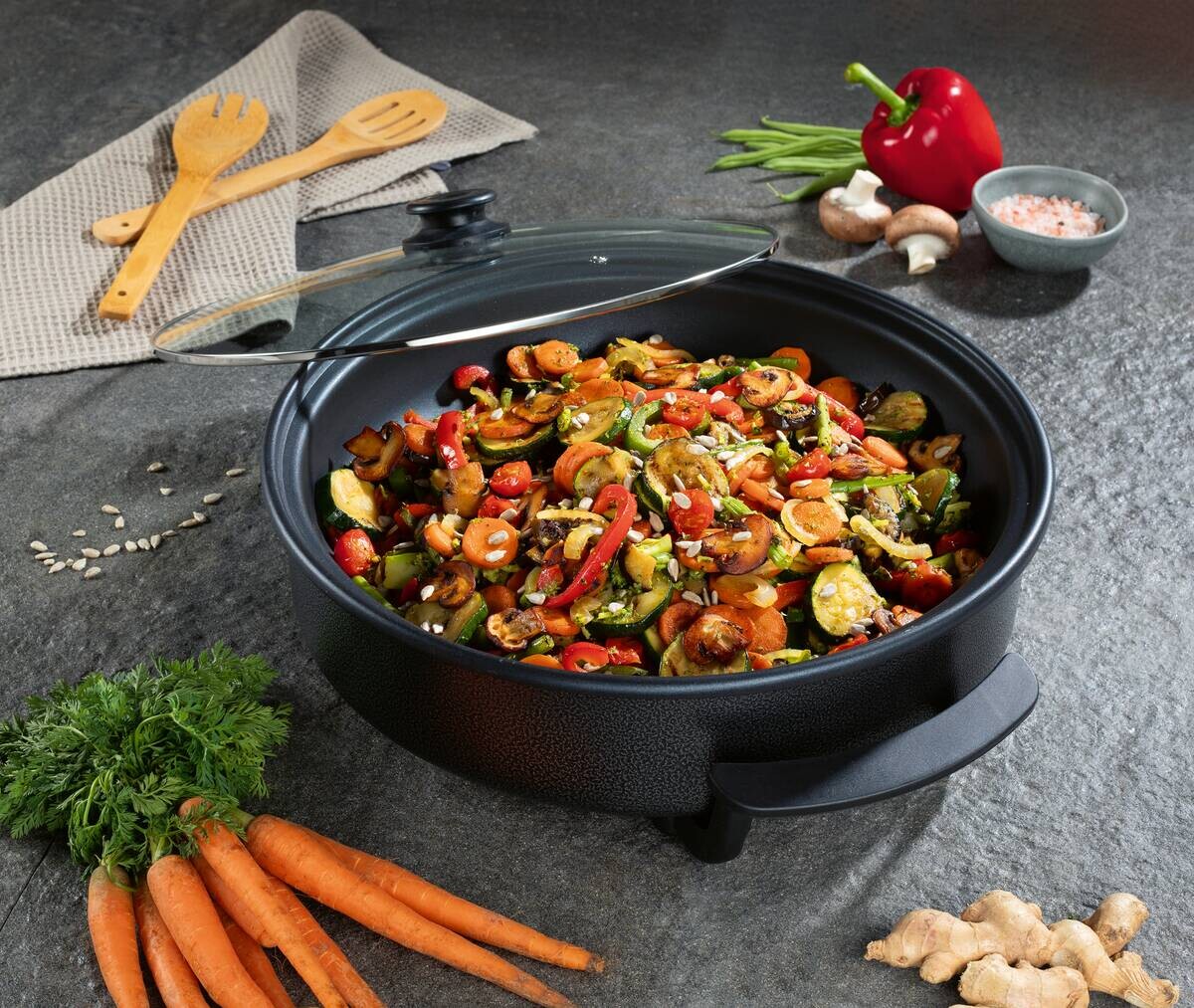GOURMETmaxx Party-Pfanne schwarz Metall Glas B/H/L/D: ca. 45x17,5x41x40 cm