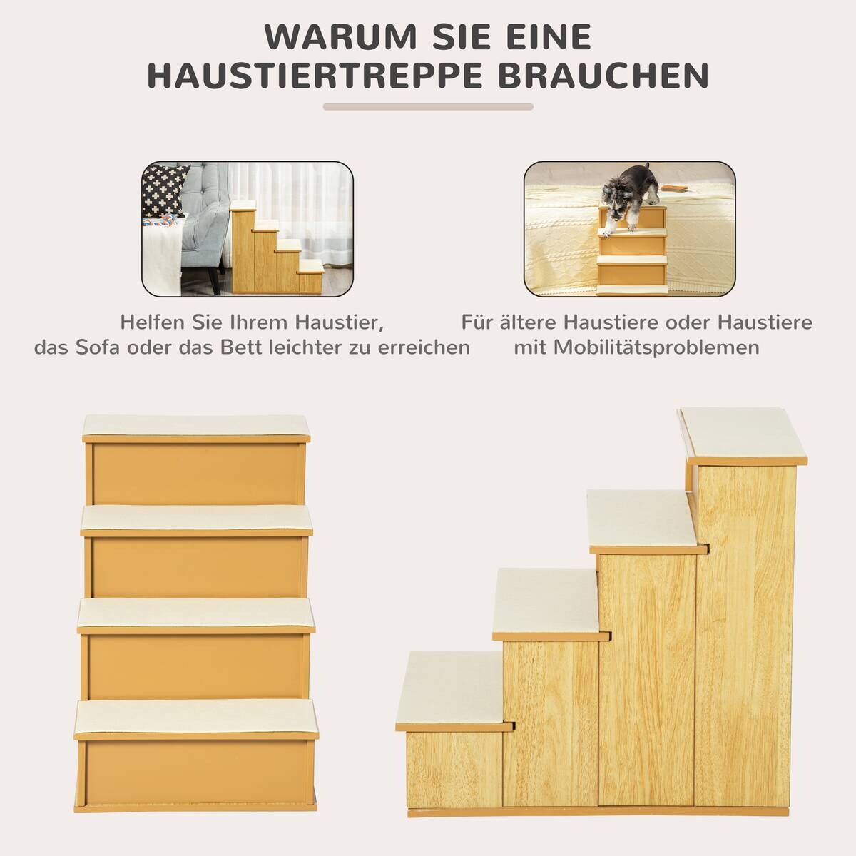 PawHut Haustiertreppe Holzoptik Plüsch B/H/L: ca. 59x54,2x40 cm