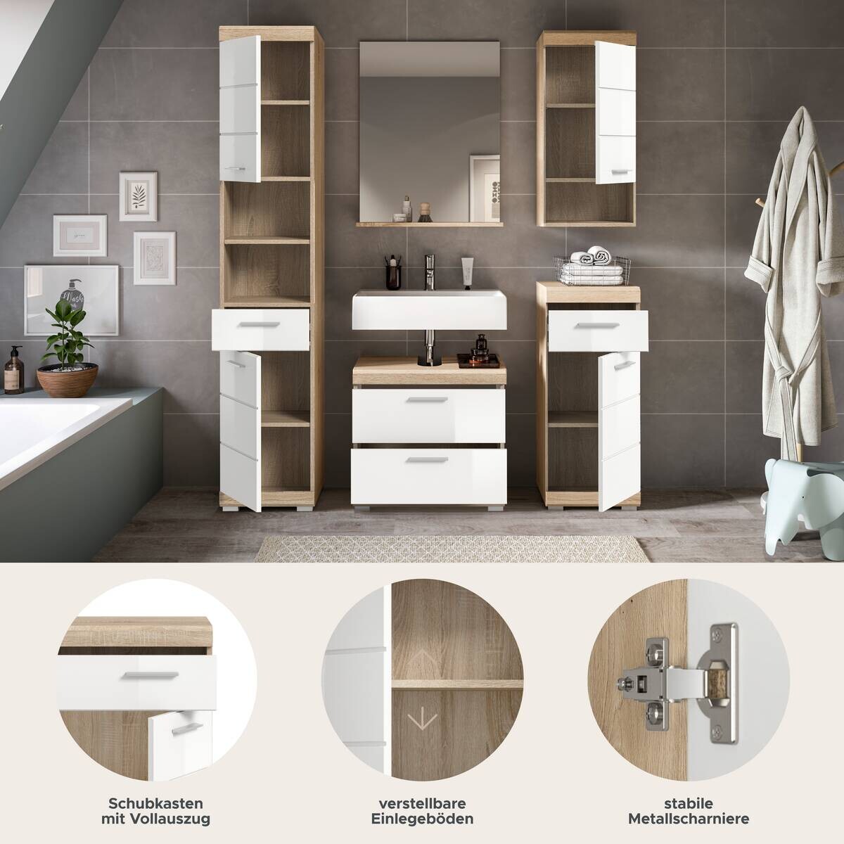 Badezimmer-Set Lambada Eiche Sonoma Nachbildung weiß Hochglanz B/H/T: ca. 164x191x37 cm