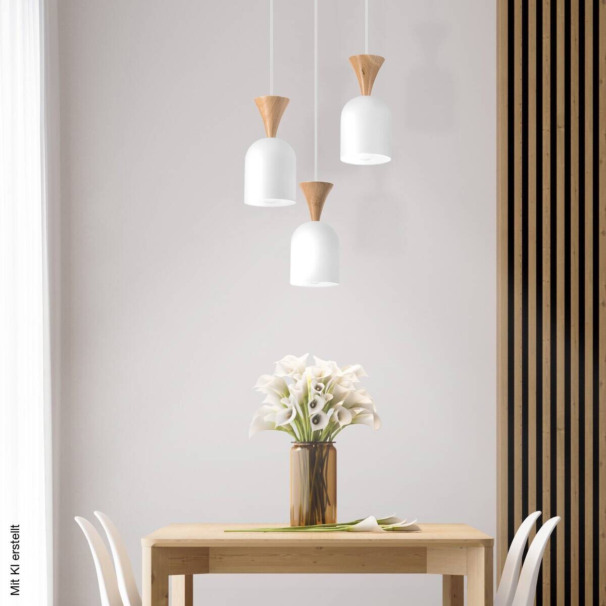 Lamkur Hängeleuchte Eiche weiß Stahl Holz B/H/L: ca. 34x100x34 cm E27 3 Brennstellen