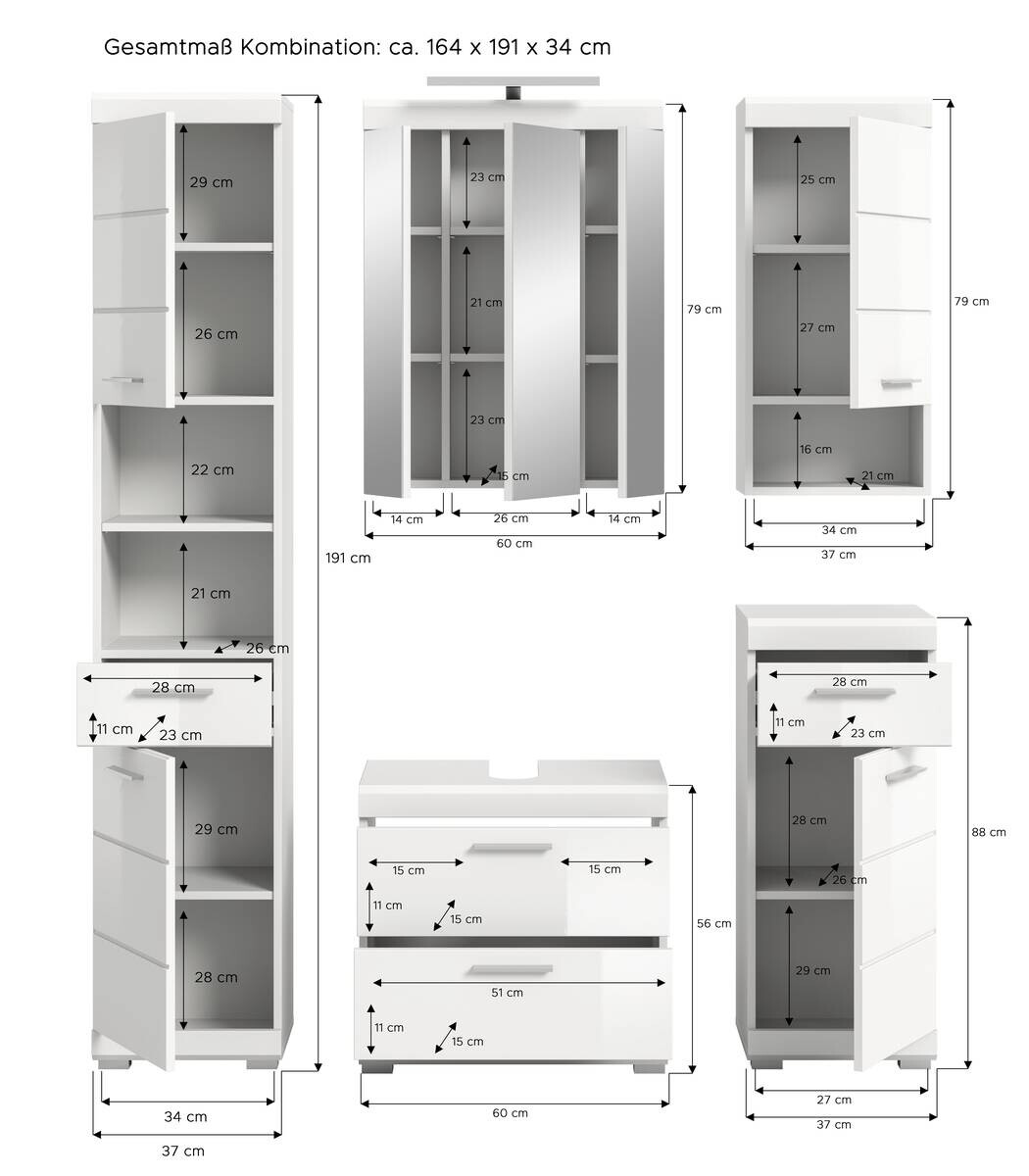 Badezimmer-Set Scout weiß weiß Hochglanz B/H/T: ca. 164x191x37 cm