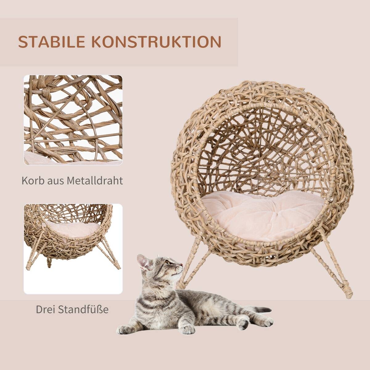PawHut Katzenkorb natur Rattan B/H/L: ca. 52x58x52 cm