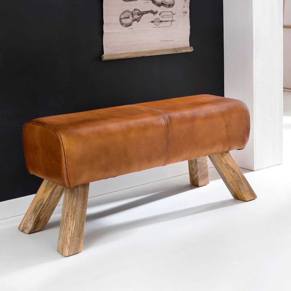 Wohnling Sitzbank braun natur Leder Echtholz B/H/T: ca. 90x43x30 cm