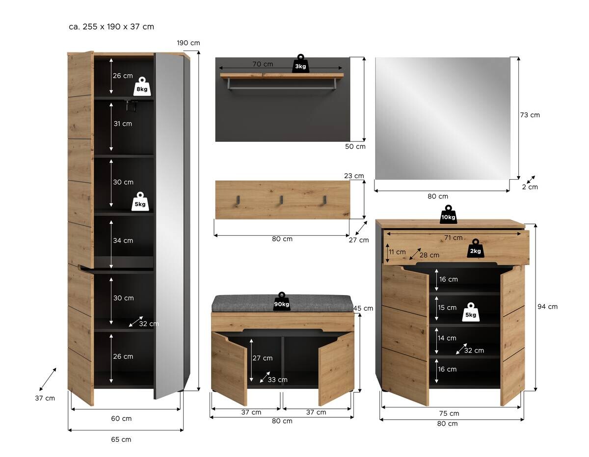 Garderobe Canu basaltgrau Nachbildung Artisan Nachbildung B/H/T: ca. 255x190x37 cm