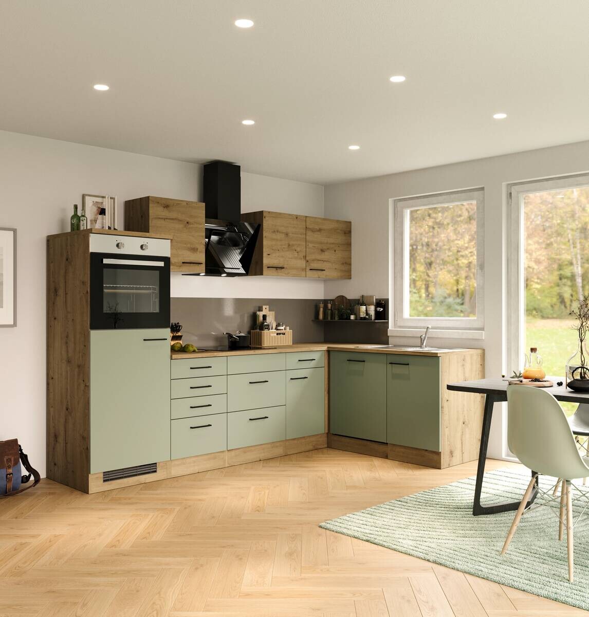 Winkelküche Cara grün matt B/H/T: ca. 280x200x60 cm