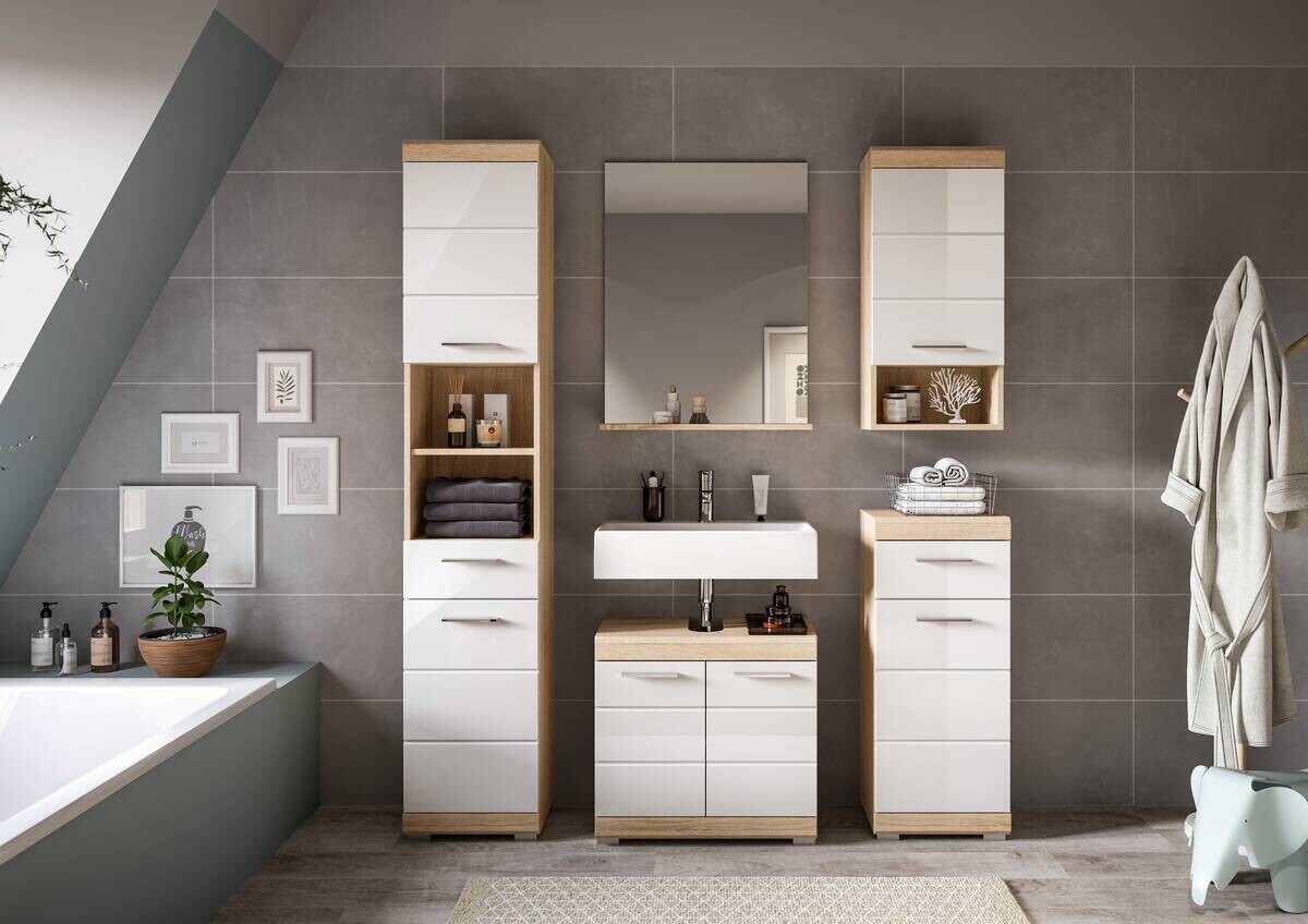 Badezimmer-Set Lambada Eiche Sonoma Nachbildung weiß Hochglanz B/H/T: ca. 164x191x34 cm