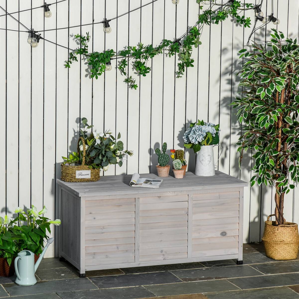 Outsunny Gartentruhe mit Stauraum grau Holz B/H/L: ca. 56x60x127 cm